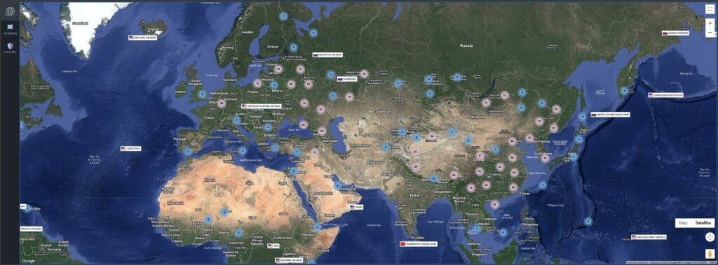 Snapshot of Preemptive Strike interactive map satellite view with some Russian, Chinese and US facilities.