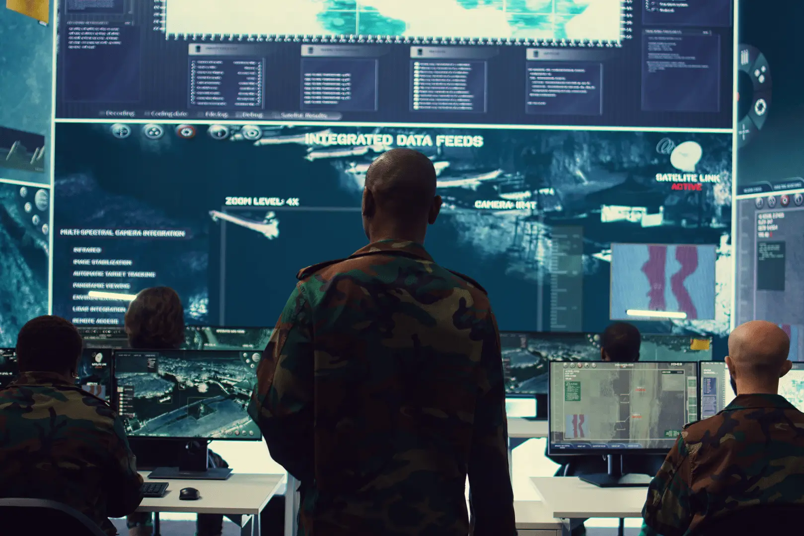 A soldier in camouflage standing in front of a large screen.