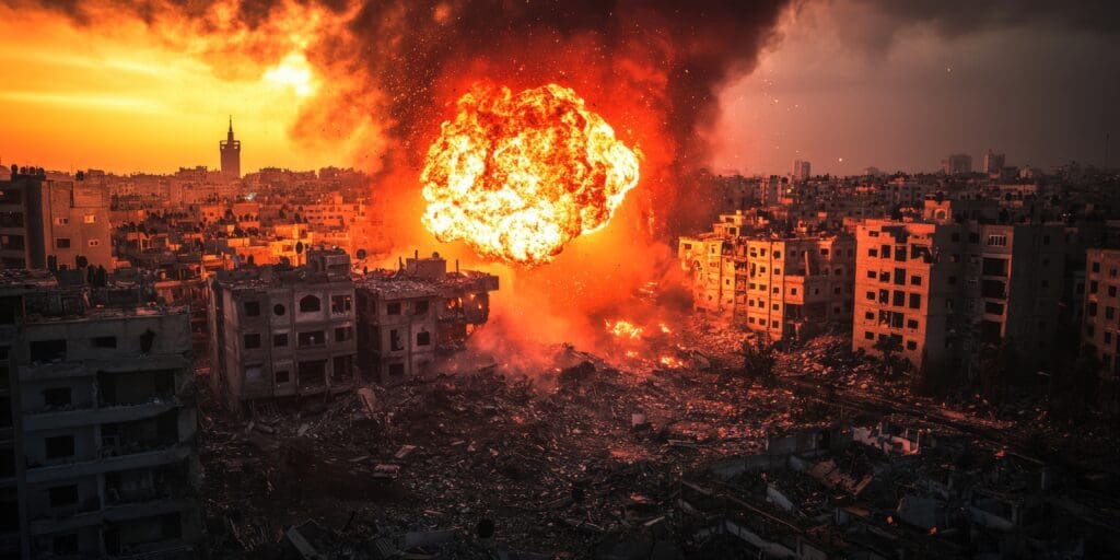 Explosion over cityscape at sunset, smoke rising.